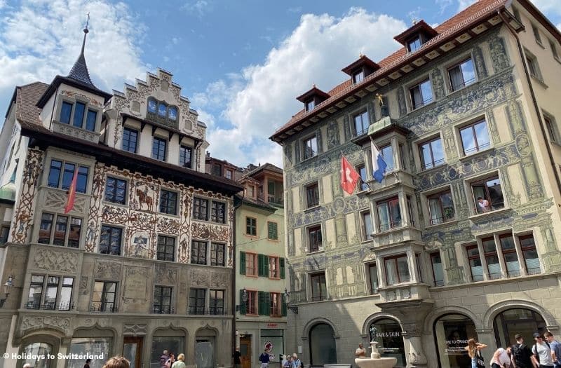 Buildings with Painted facades and oriel windows in Lucerne's Old Town