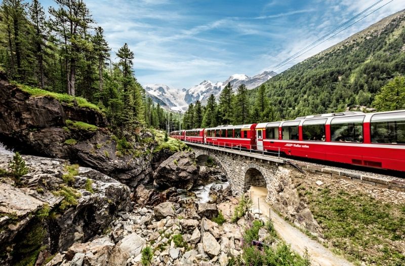 Bernina Express train in front of the Morteratsch Glacier