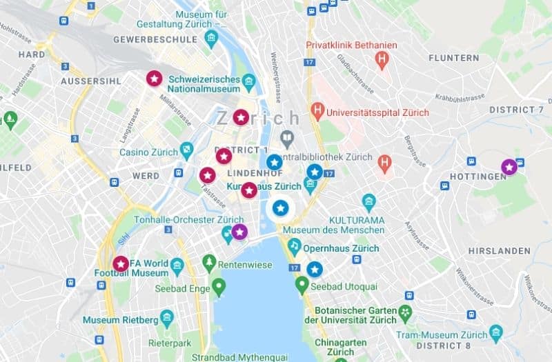 Map showing location of the Zurich hotels featured in this article
