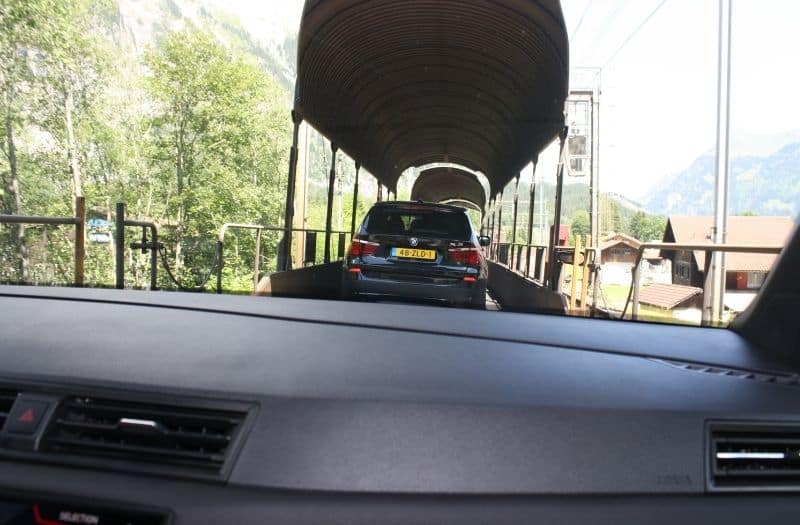 A car travelling on the Lotschberg car tunnel