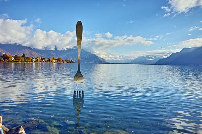 Fork in Lake outside Alimentarium, Lake Geneva