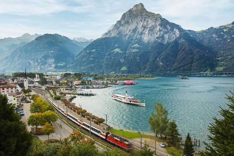 Gotthard Panorama Express train beside Lake Lucerne