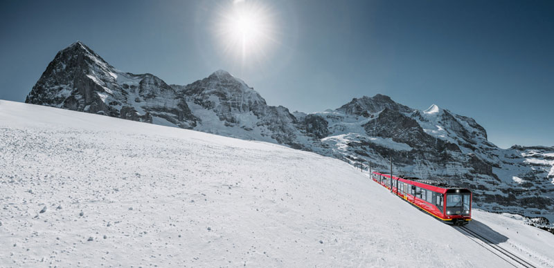 The Jungfrau train travelling near Kleine Scheidegg during winter