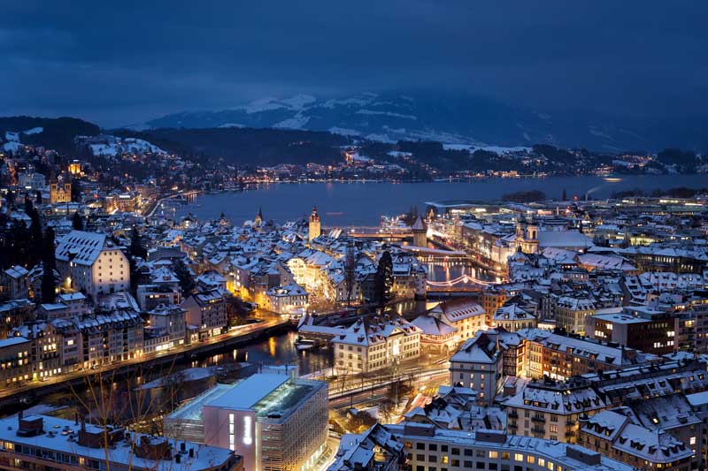 Aerial view of Lucerne in winter.