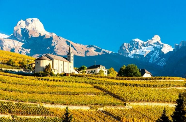 Vineyards below church with Valais mountains in the background