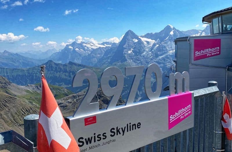 View of the Eiger, Monch and Jungfrau peaks from Schilthorn Observation Deck at 2970 metres