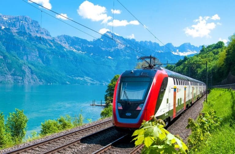 Swiss train beside a lake